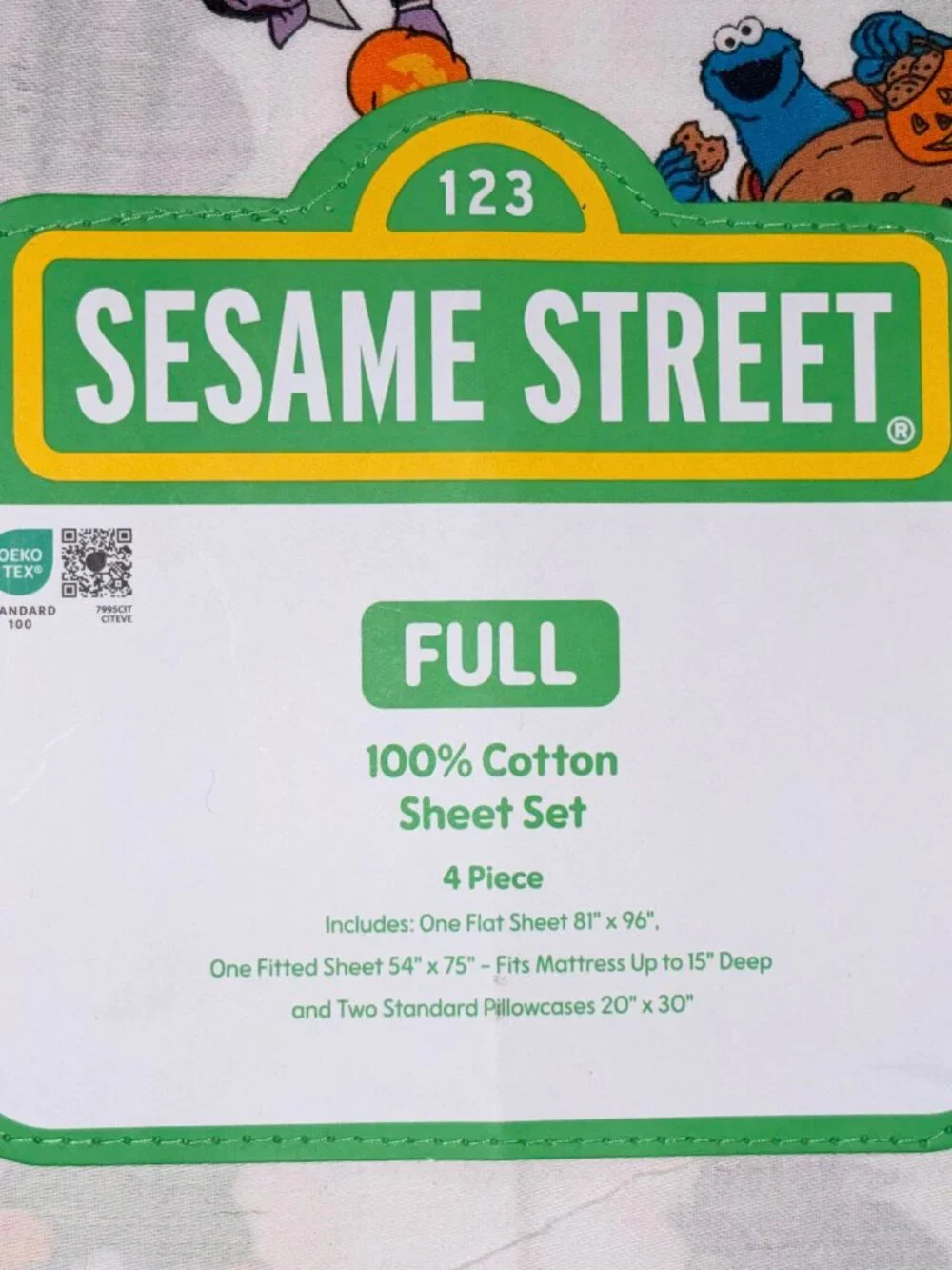 NEW Sesame Street 100% Cotton Halloween FULL Size Sheet Set BERT ERNIE COOKIE